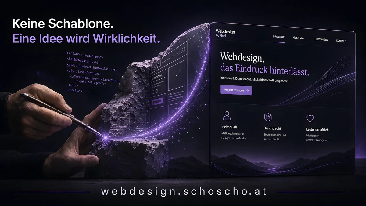 Keine Schablone. Eine Idee wird Wirklichkeit. Eine Hand formt mit einem leuchtenden Stift aus einem rohen Steinblock eine fertige Webseite von Webdesign by Geri, daneben der zugehörige Programmcode.