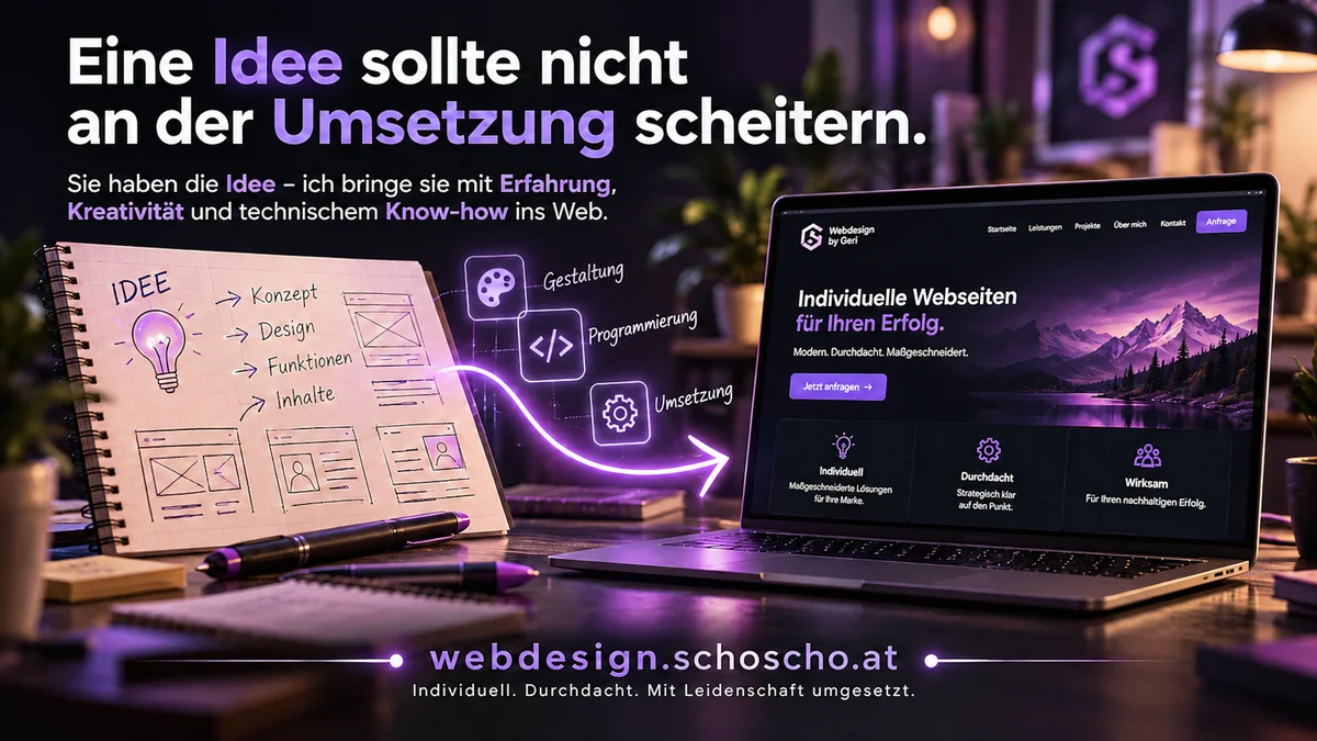 Eine Idee sollte nicht an der Umsetzung scheitern. Sie haben die Idee – ich bringe sie mit Erfahrung, Kreativität und technischem Know-how ins Web. Links ein Notizblock mit einer Glühbirne und den Schritten Idee, Konzept, Design, Funktionen, Inhalte, darunter Skizzen von Seiten. Über Gestaltung, Programmierung und Umsetzung führt ein Pfeil zu einem Laptop mit einer fertigen Webseite von Webdesign by Geri.
