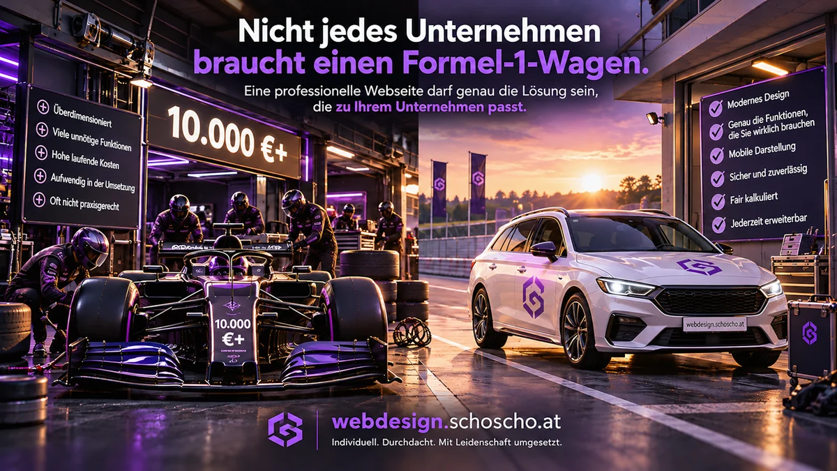 Nicht jedes Unternehmen braucht einen Formel-1-Wagen. Eine professionelle Webseite darf genau die Lösung sein, die zu Ihrem Unternehmen passt. Links ein Rennwagen mit Boxencrew unter dem Schild „10.000 € +“, daneben: überdimensioniert, viele unnötige Funktionen, hohe laufende Kosten, aufwendig in der Umsetzung, oft nicht praxisgerecht. Rechts ein Kombi von webdesign.schoscho.at bei Sonnenuntergang, daneben: modernes Design, genau die Funktionen, die Sie wirklich brauchen, mobile Darstellung, sicher und zuverlässig, fair kalkuliert, jederzeit erweiterbar.