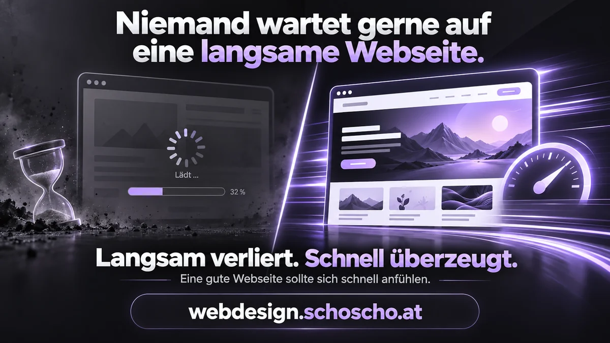 Niemand wartet gerne auf eine langsame Webseite. Langsam verliert. Schnell überzeugt. Eine gute Webseite sollte sich schnell anfühlen. Links eine graue Seite mit Ladekreis bei 32 Prozent und einer Sanduhr, rechts eine fertig geladene Webseite mit Tachometer.