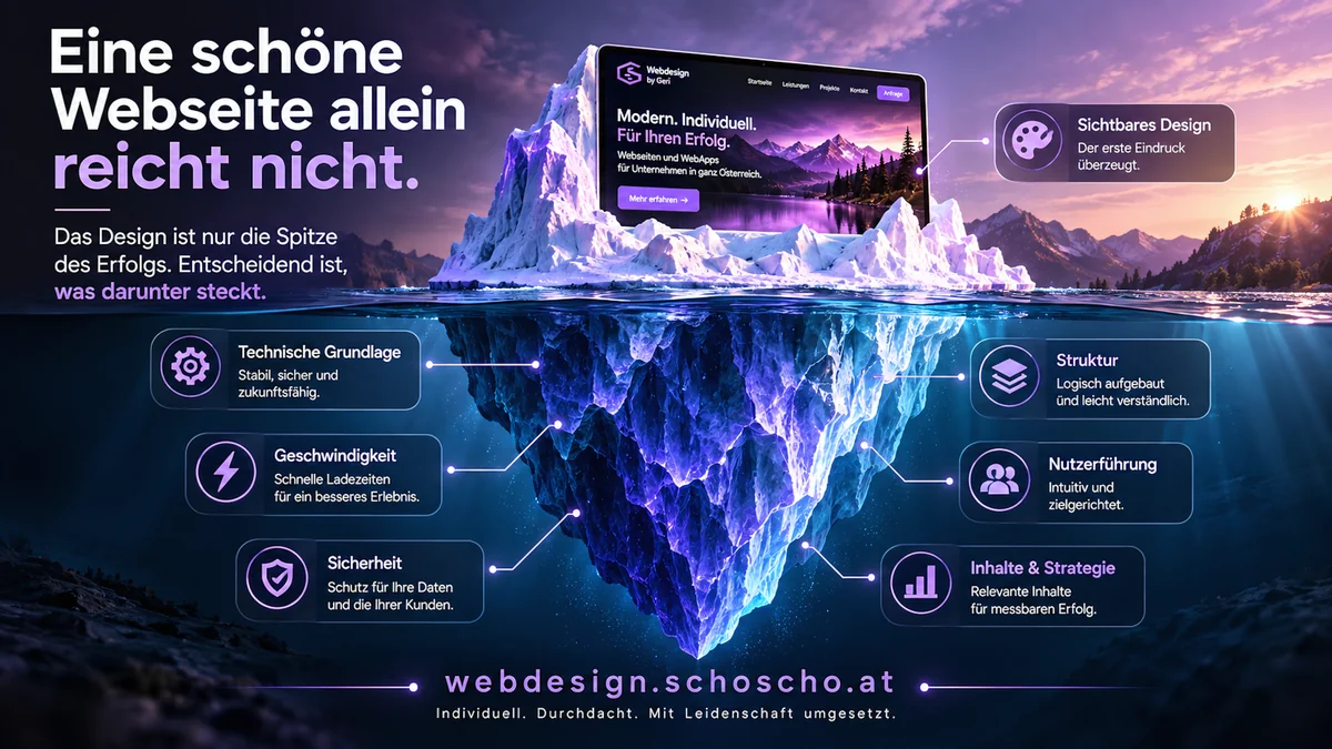 Eine schöne Webseite allein reicht nicht. Das Design ist nur die Spitze des Erfolgs. Entscheidend ist, was darunter steckt. Ein Eisberg, über dem Wasser eine Webseite: Sichtbares Design – der erste Eindruck überzeugt. Unter Wasser: Technische Grundlage – stabil, sicher und zukunftsfähig. Geschwindigkeit – schnelle Ladezeiten für ein besseres Erlebnis. Sicherheit – Schutz für Ihre Daten und die Ihrer Kunden. Struktur – logisch aufgebaut und leicht verständlich. Nutzerführung – intuitiv und zielgerichtet. Inhalte und Strategie – relevante Inhalte für messbaren Erfolg.