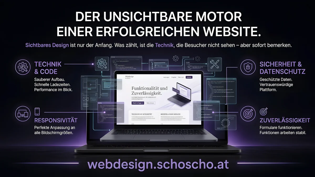 Der unsichtbare Motor einer erfolgreichen Webseite. Sichtbares Design ist nur der Anfang. Was zählt, ist die Technik, die Besucher nicht sehen – aber sofort bemerken. Rund um einen Laptop mit einer Webseite: Technik und Code, Responsivität, Sicherheit und Datenschutz, Zuverlässigkeit.