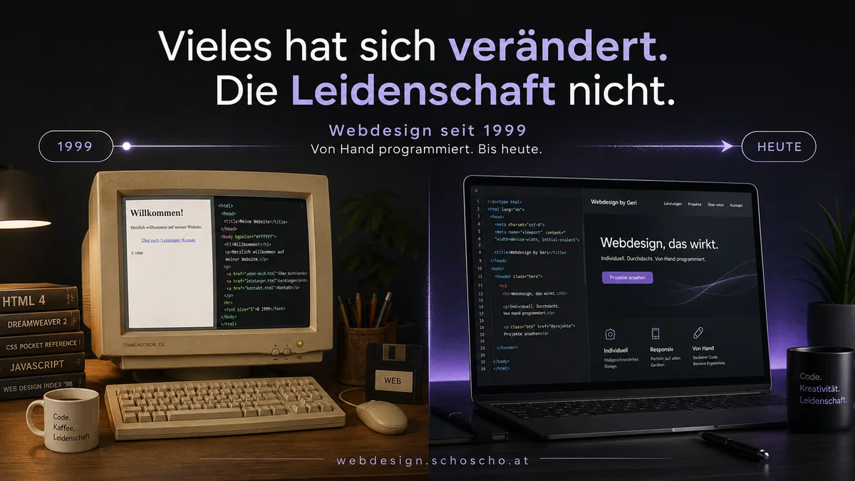 Vieles hat sich verändert. Die Leidenschaft nicht. Webdesign seit 1999 – von Hand programmiert, bis heute. Links ein Röhrenbildschirm von 1999 mit einer einfachen Willkommensseite, rechts ein moderner Laptop mit der Webseite von Webdesign by Geri.