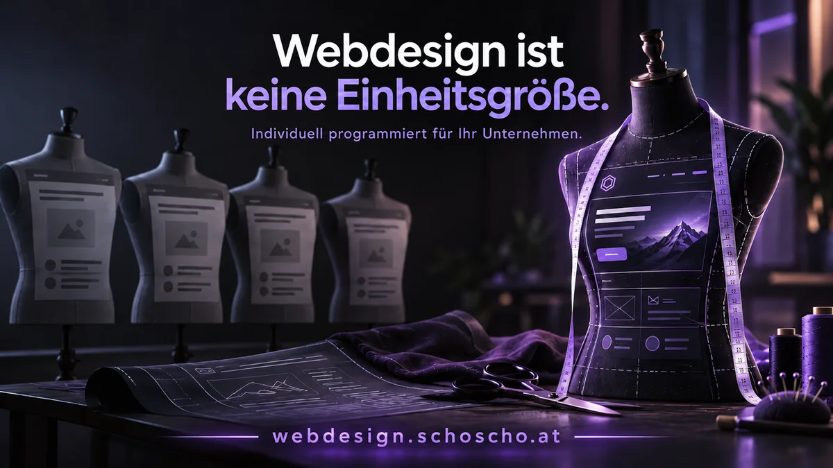 Webdesign ist keine Einheitsgröße. Individuell programmiert für Ihr Unternehmen. Mehrere graue Schneiderpuppen mit gleichen Webseiten-Vorlagen, davor eine maßgeschneiderte Puppe mit Maßband und einer eigenen Webseite.