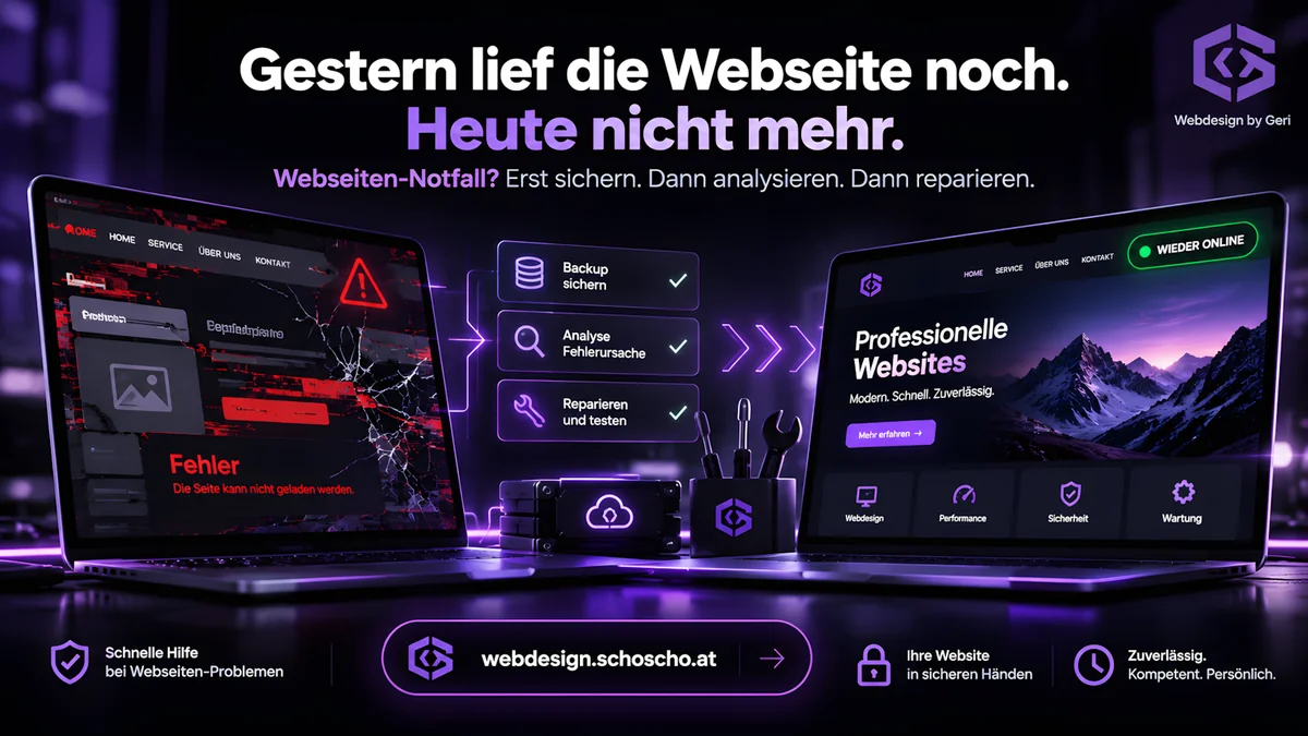 Gestern lief die Webseite noch. Heute nicht mehr. Webseiten-Notfall? Erst sichern. Dann analysieren. Dann reparieren. Links ein Laptop mit einer zerstörten Webseite: gesprungene Oberfläche, Warnzeichen, die Meldung „Fehler – Die Seite kann nicht geladen werden“. In der Mitte drei abgehakte Schritte: Backup sichern, Analyse Fehlerursache, Reparieren und testen, dazu Werkzeug und ein Datenspeicher. Pfeile führen nach rechts zu einem Laptop mit einer funktionierenden Webseite und dem grünen Kennzeichen „Wieder online“. Unten das Logo von Webdesign by Geri und die Adresse webdesign.schoscho.at.