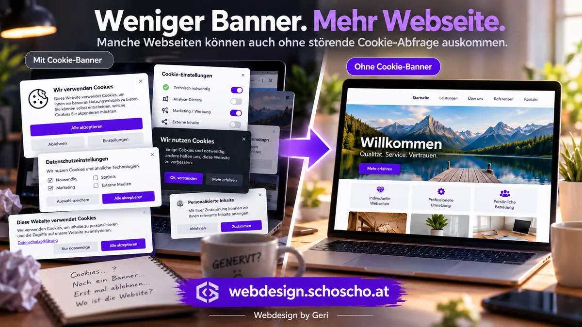 Weniger Banner. Mehr Webseite. Manche Webseiten können auch ohne störende Cookie-Abfrage auskommen. Links ein Laptop, überdeckt von vielen Cookie-Fenstern mit Knöpfen wie „Alle akzeptieren“, „Ablehnen“ und „Einstellungen“, davor ein Notizblock mit „Cookies …? Noch ein Banner … Erst mal ablehnen … Wo ist die Website?“ und eine Tasse mit der Aufschrift „Genervt?“. Ein Pfeil führt nach rechts zu einem Laptop mit einer aufgeräumten Webseite ohne Cookie-Banner.