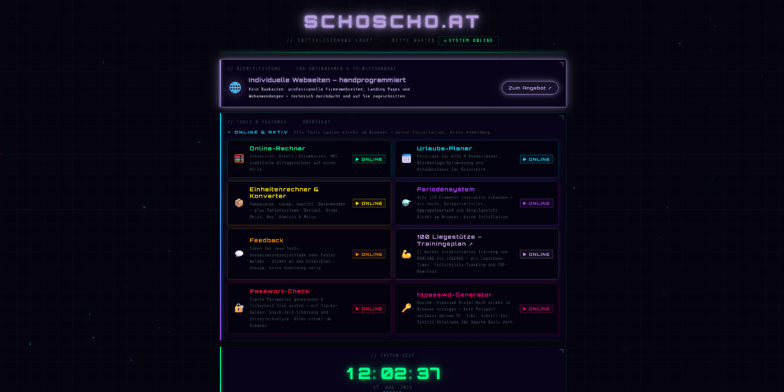 Startseite von schoscho.at mit Online-Tools wie Rechner, Urlaubsplaner und Periodensystem