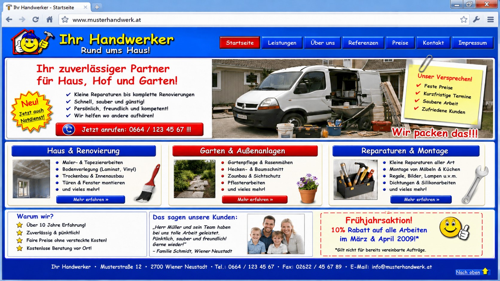 Veraltetes Design der Beispielseite vor dem Redesign